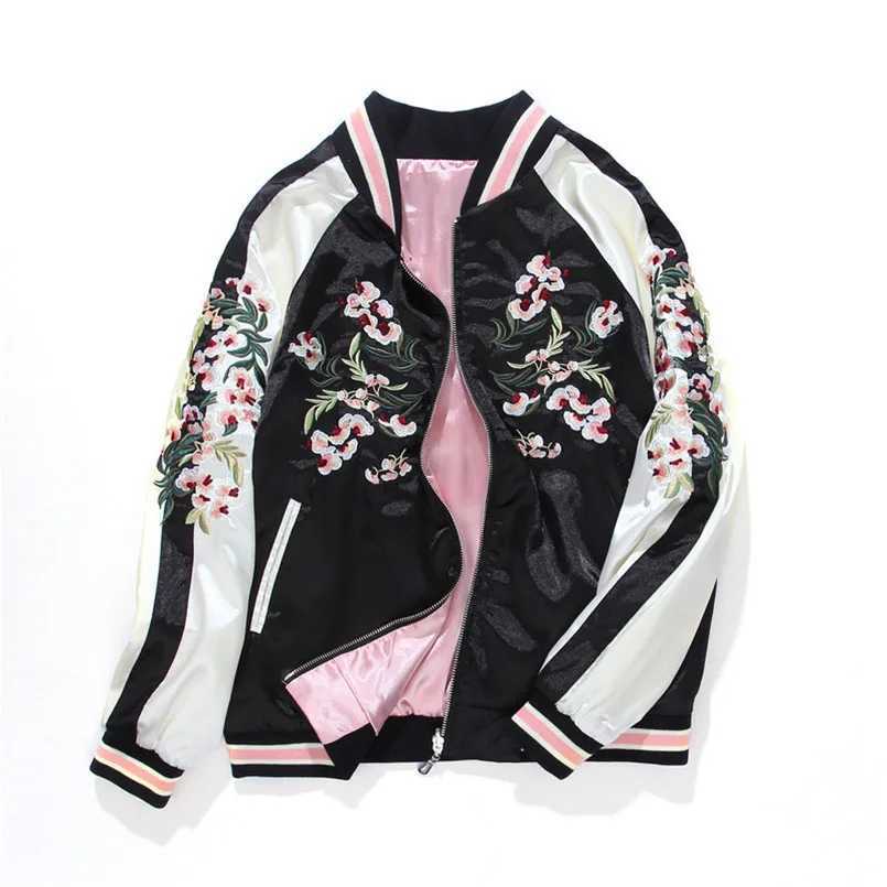 Women's Jackets Womens satin Sukajan embroidered bomber baseball jacket double-sided womens coat floral Harajuku autumn Japanese silk girl Y24102