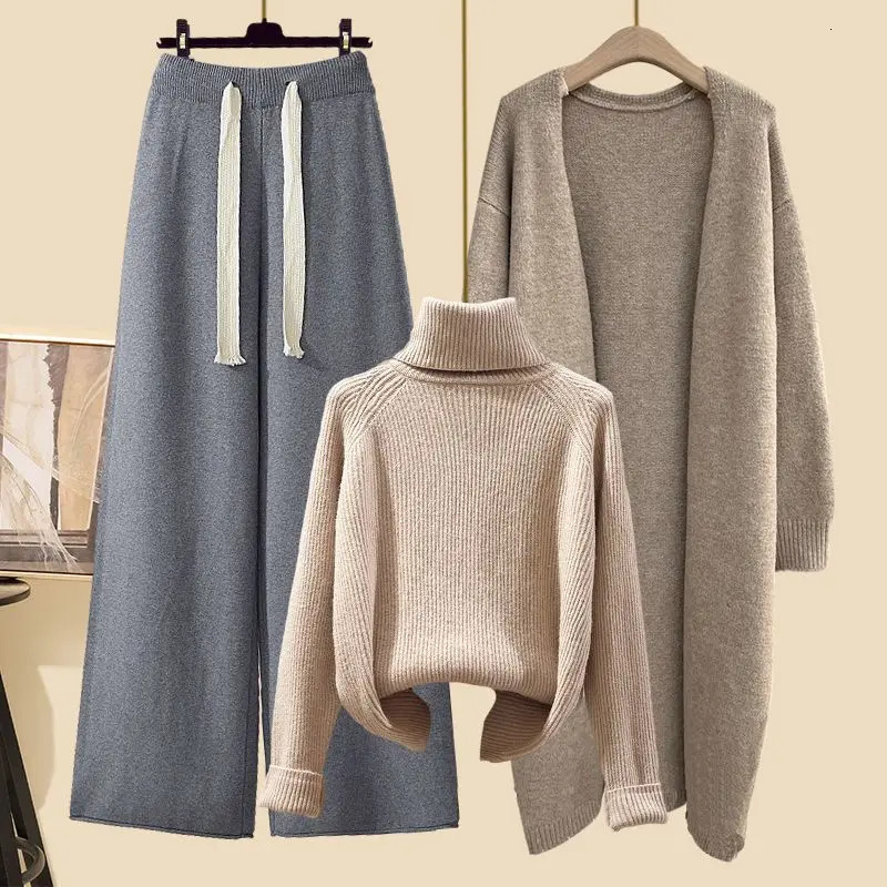 Winter High Neck Knitted Sweater Casual Knitted Windbreaker Knitted Wide Leg Pants Three Piece Elegant Womens Pants Set 241028