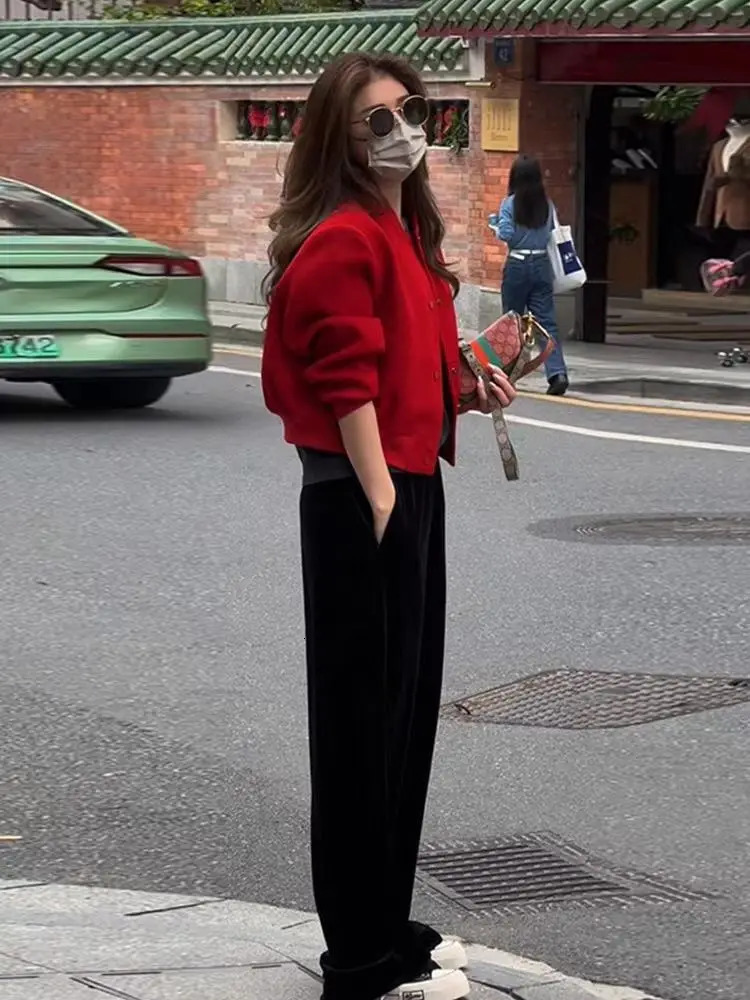 Red baseball uniform womens spring single chest round neck short casual loose jacket top 241029