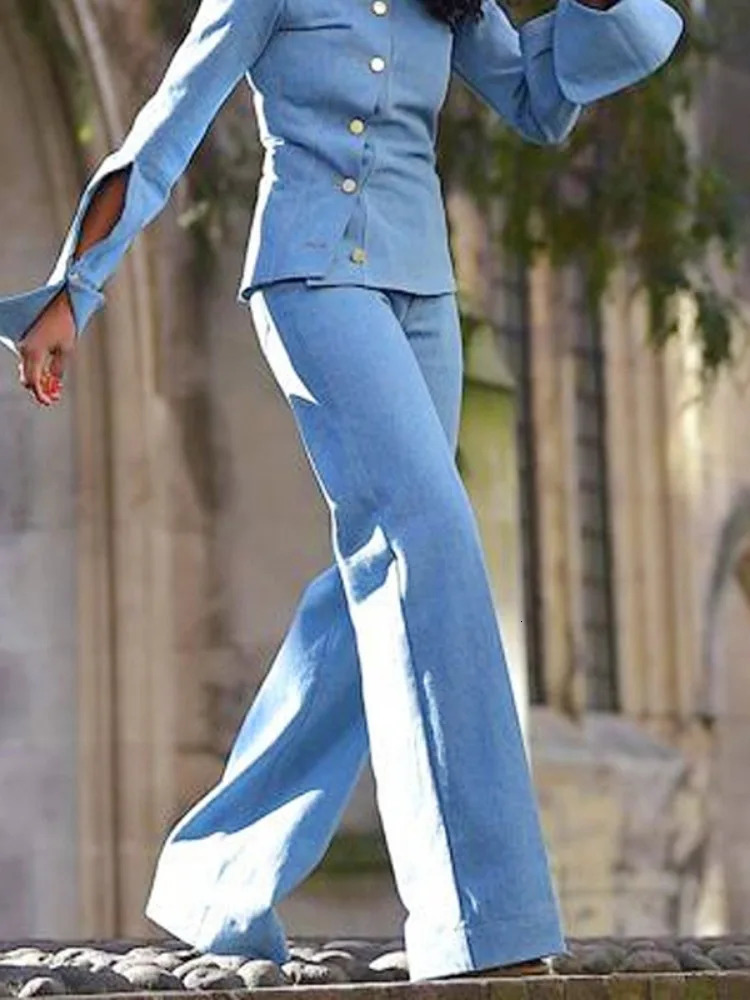 Freeacy Womens Autumn Pants Set Lapel Collar Long Sleeve Slanted Single-breasted Shirt Top and High Waist Straight Pants 241028