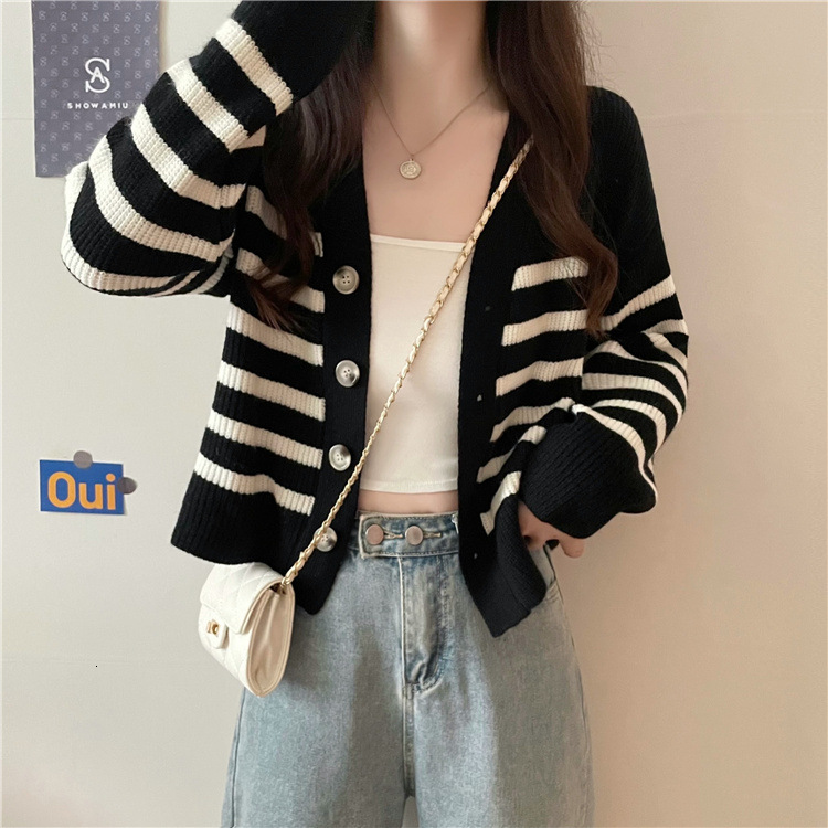 Korean Version Short Sweater Jacket Women S Autumn And Winter New College Style Ins Trendy Shoulder V Neck Contrasting Striped Knitted Cardigan F1029#