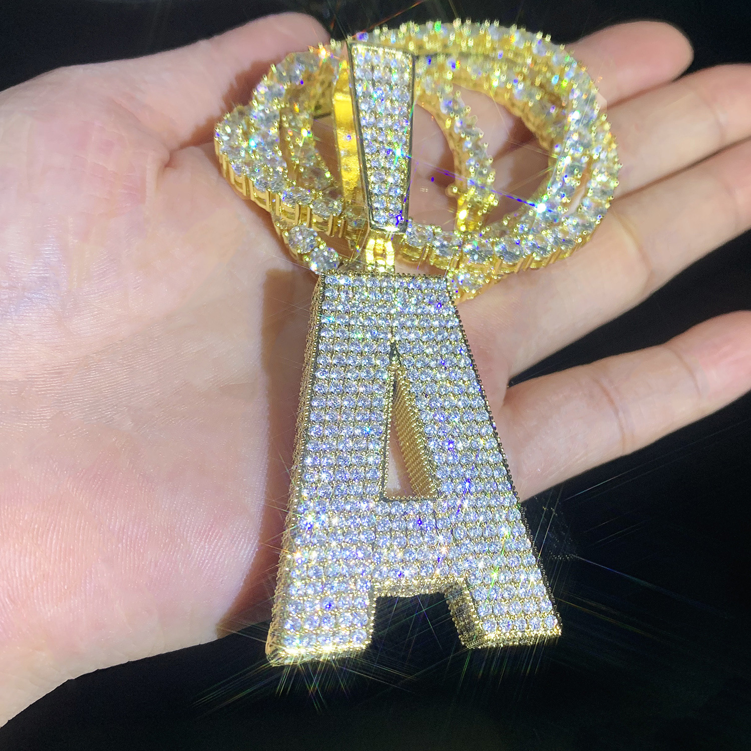 Hip Hop Block Font Custom A-Z Letters Pendant Necklace with Tennis Chain 5A Zircon Jewelry Set