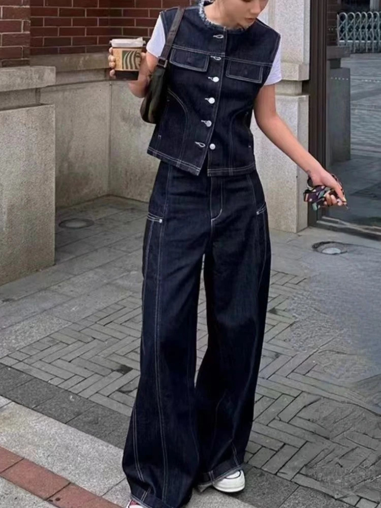 2000S Aesthetic Vintage Blue Denim 2 Piece Set Women Y2k Vest Slim Short Tops Casual Wide Leg Pants Female Chic Clothing 241028
