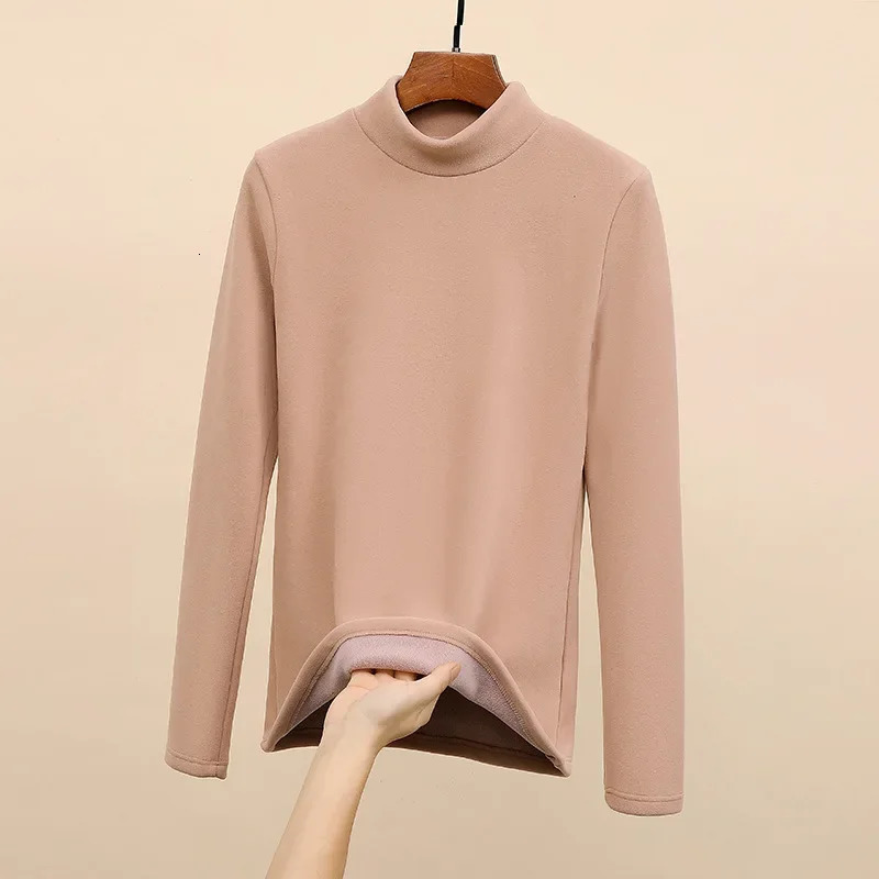 Thick wool top womens mid to high neck ultra soft velvet bottom T-shirt elastic womens jumper puller 241028
