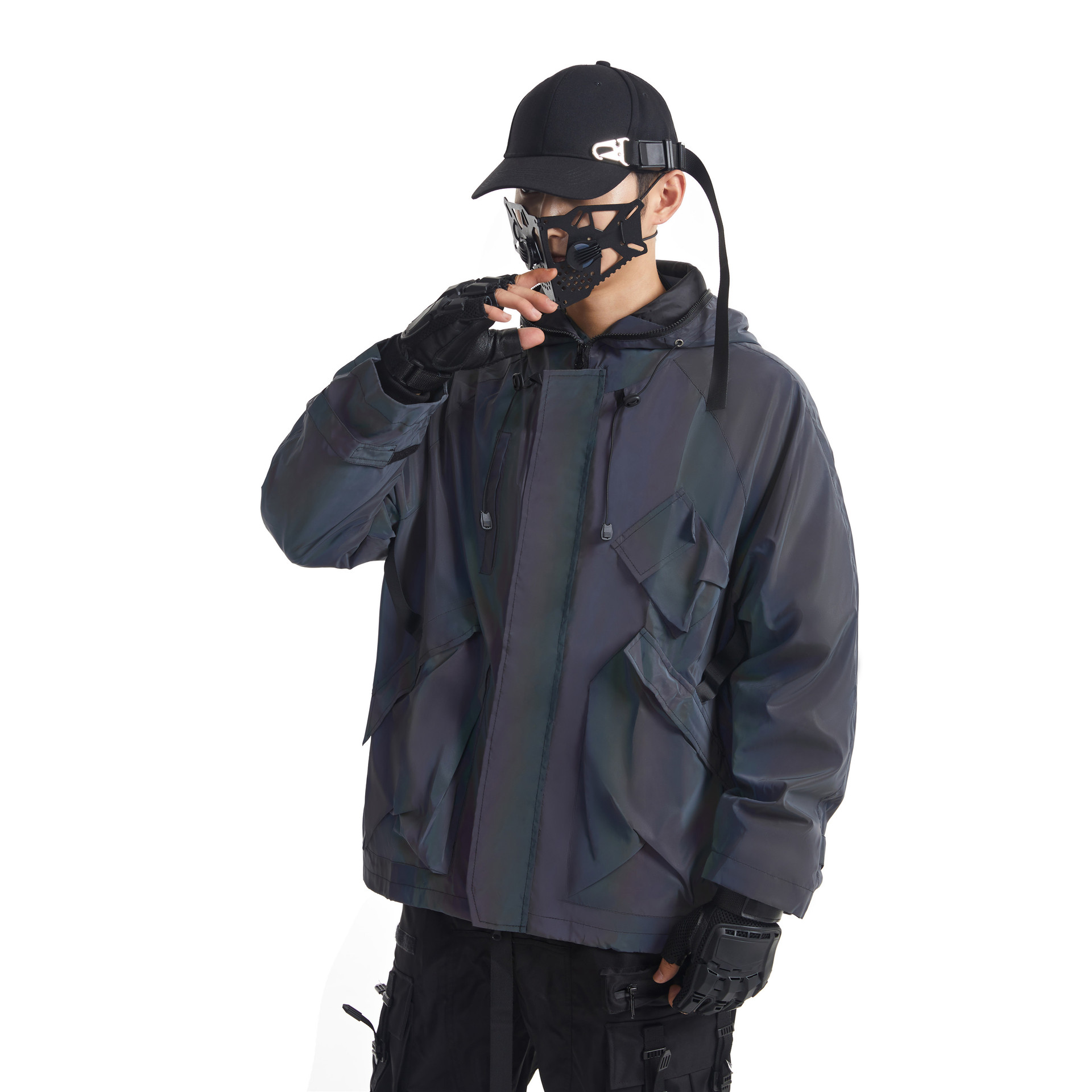 Men's Jackets Multi pocket functional style colorful reflective jacket, European and American autumn and winter new style hooded jacket, men'