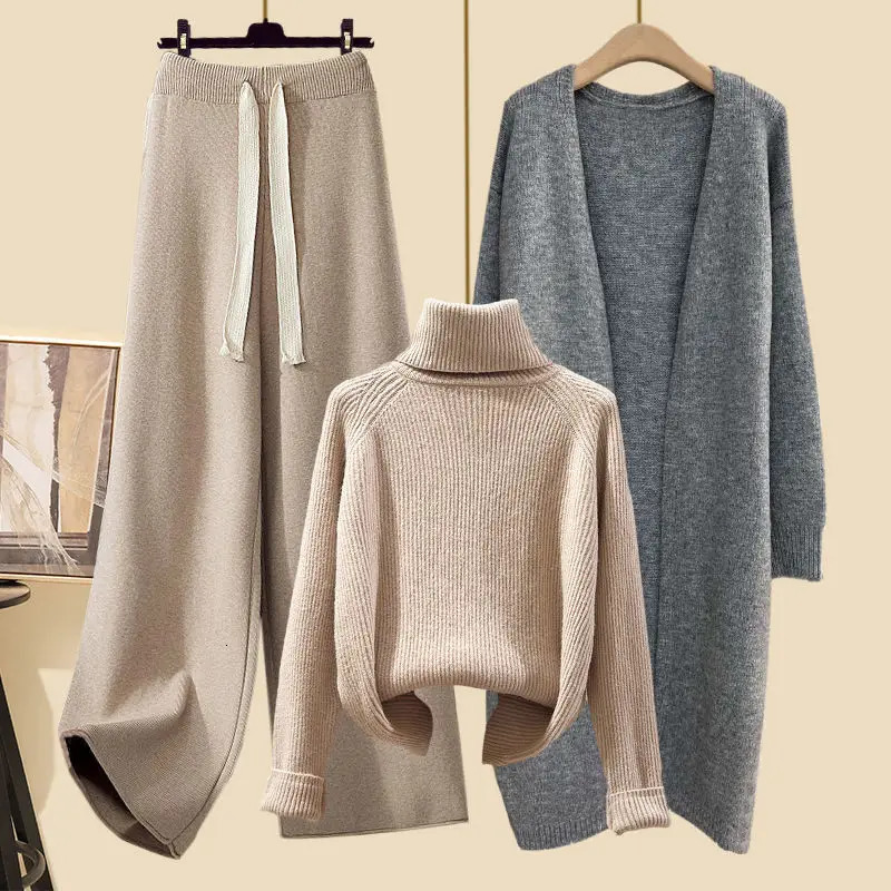 Winter High Neck Knitted Sweater Casual Knitted Windbreaker Knitted Wide Leg Pants Three Piece Elegant Womens Pants Set 241028