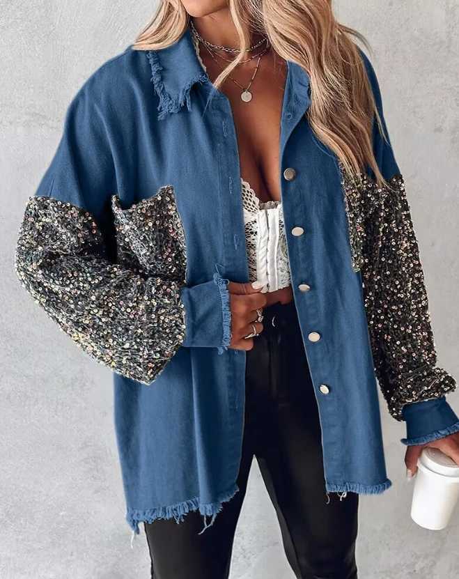 Women's Jackets Womens Contrast sequin raw hem shaver casual clothing new autumn color lock womens fashionable warm long Sleve loose jacket Y2410