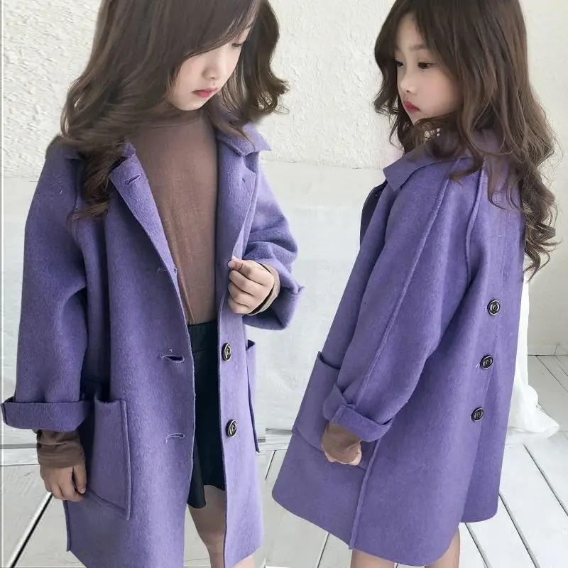 Spring and Autumn Girls Solid Color Fashion Versatile Windproof Warm Polo Collar Woolen Long Coat for 4-10 Years 241028