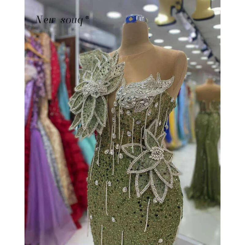 Army Green Glittering 3D Leaves Mermaid Evening Dresses Long Sleeveless Crystals Beaded Sequins Birthday Dance Party Gowns 0719