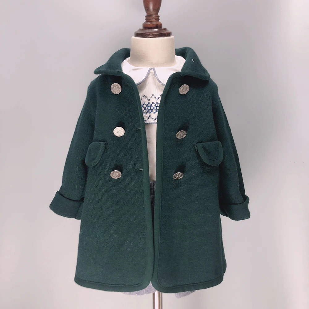 Girls Coat Boys Coat Woolen Winter Green Red Warm Slim Christmas Eid Clothing British Royal Style Children Vintage Clothing 241028