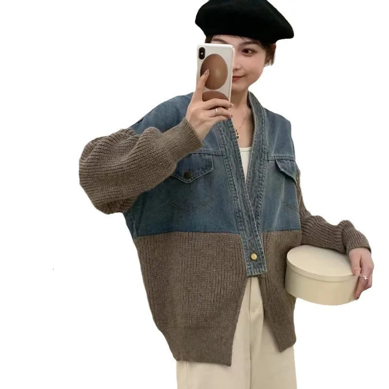 Fashion denim patchwork single button knitted cardigan loose casual womens sweater winter autumn trendy 16O1579 241029