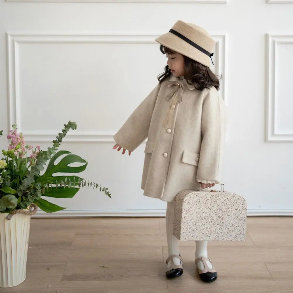 Winter baby Girls Long Tweed Jacket Coat Kids Princess Thickened Bow Single-breasted Coat Children Warm Jacket overcoat clothes 241028