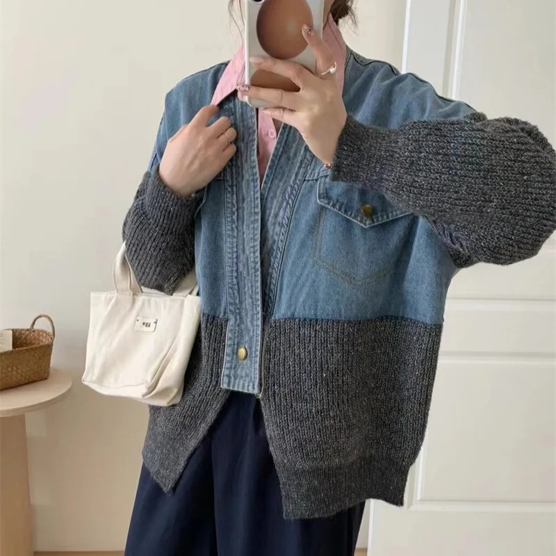Fashion denim patchwork single button knitted cardigan loose casual womens sweater winter autumn trendy 16O1579 241029