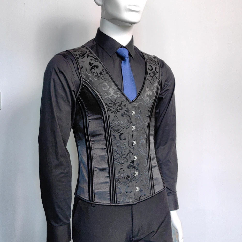 Mens tight corset vest slim waist formal dress waist jacket belly control shaping top wedding stage costume lace tank top black 241029