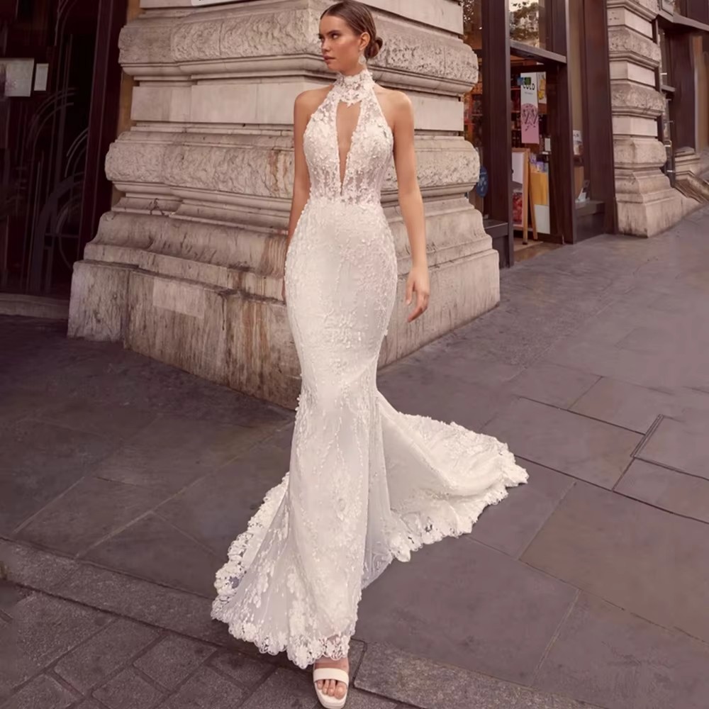 Neck Halter High Wedding Dress Sleeveless Mermaid Or Length With Lace Applique Sweep Train Sexy Backless Bridal Gowns