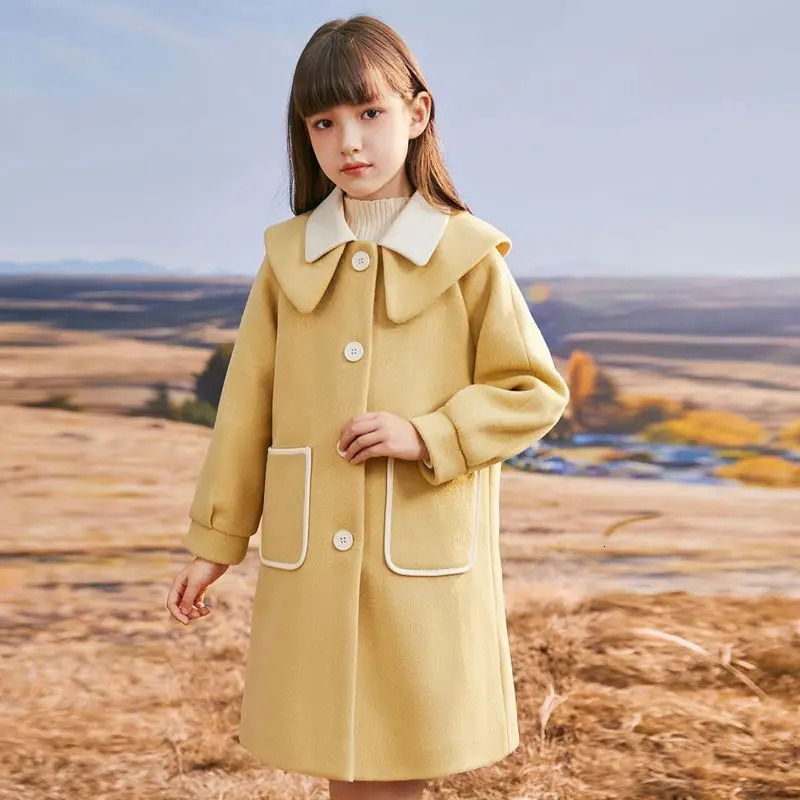 Girls Woolen Coat Autumn and Winter Middle-aged and Young Children Fashion Woolen Windbreaker Girls Long Woolen Coat 241028