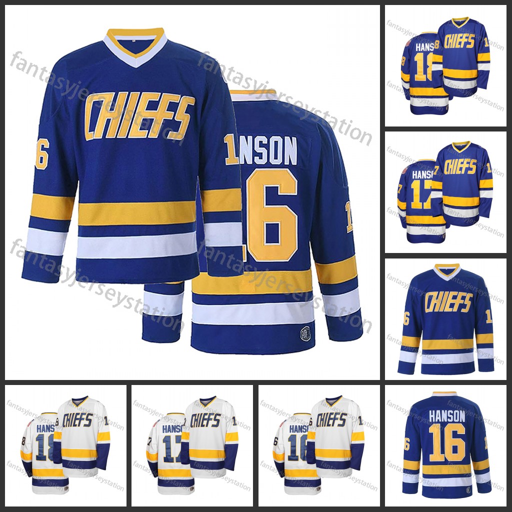 Men's Classic 16 Blue White Embroidery Breathable Ice Hockey Jersey, Training & Competition Sports Uniform CHIEFS & #16 Long Sleeve Top For Match