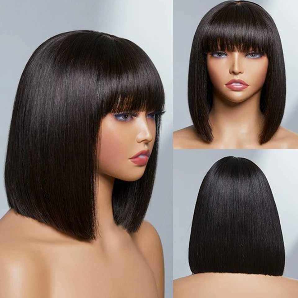 New Arrival Peruvian straight Bob lace wig without glue straight wig with fringe edge middle part Bob lace wig real scalp Z241028