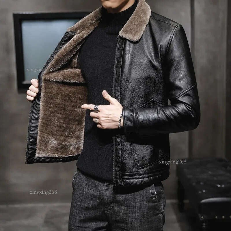 Winter Fur Leather Jacket Mens Plus Size 4XL Suede Leather Jackets Men Faux Fur Thick Warm Long Suede Jacket Men PU Leather