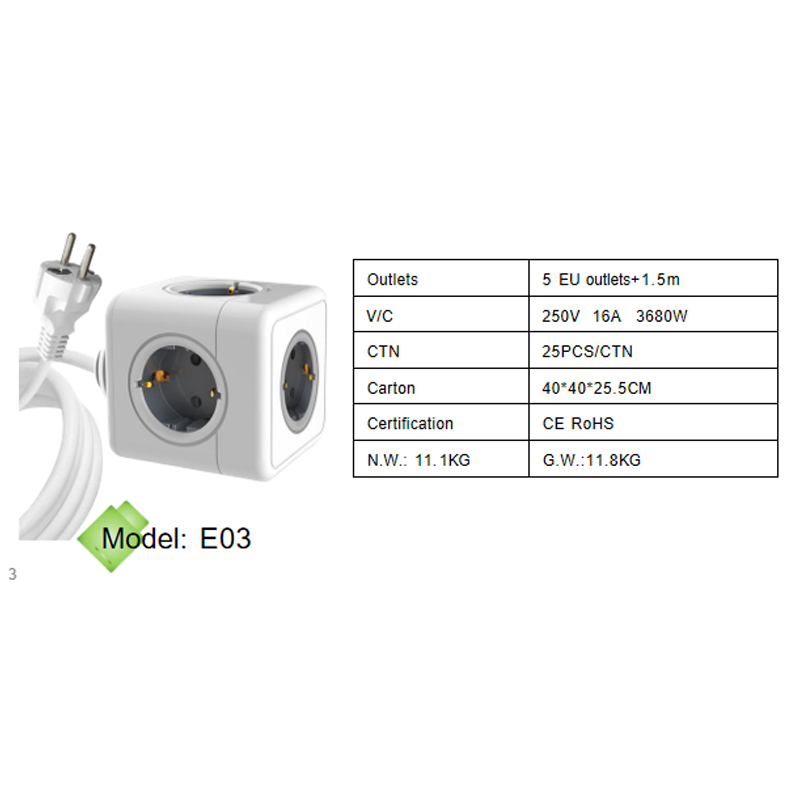 E03 OEM Multifunctional cube power extension socket 5 EU outlets with 1.5m cable for home office