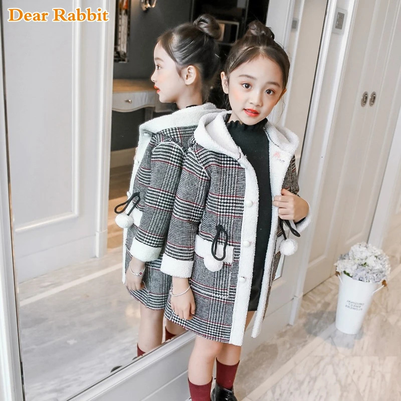 Fashion Autumn Winter parka Girl Hairy clothes Long Woolen Coat for Kids Outerwear Grid pattern Padded Warm clothing 241028