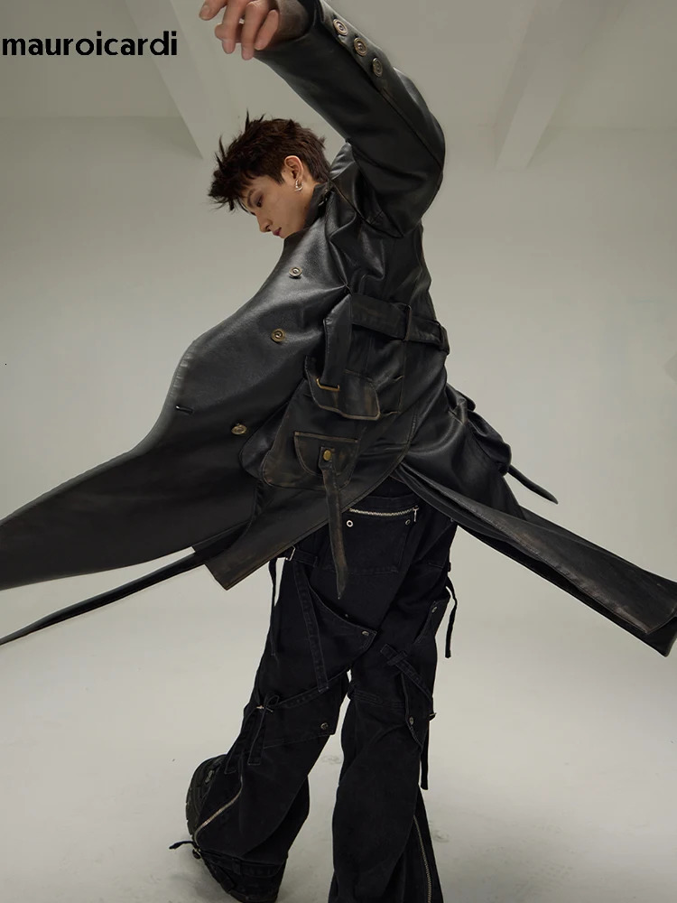 Mauroicardi Spring/Summer Autumn/Winter Long Distressed Black Pu Leather Trench Coat Mens Belt Double Chest European Fashion 241025