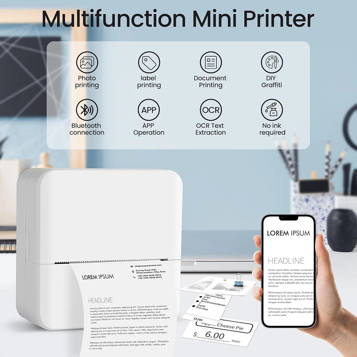 Mini printer no ink sticker manufacturer free cutting small pocket printer portable thermal printer 241029