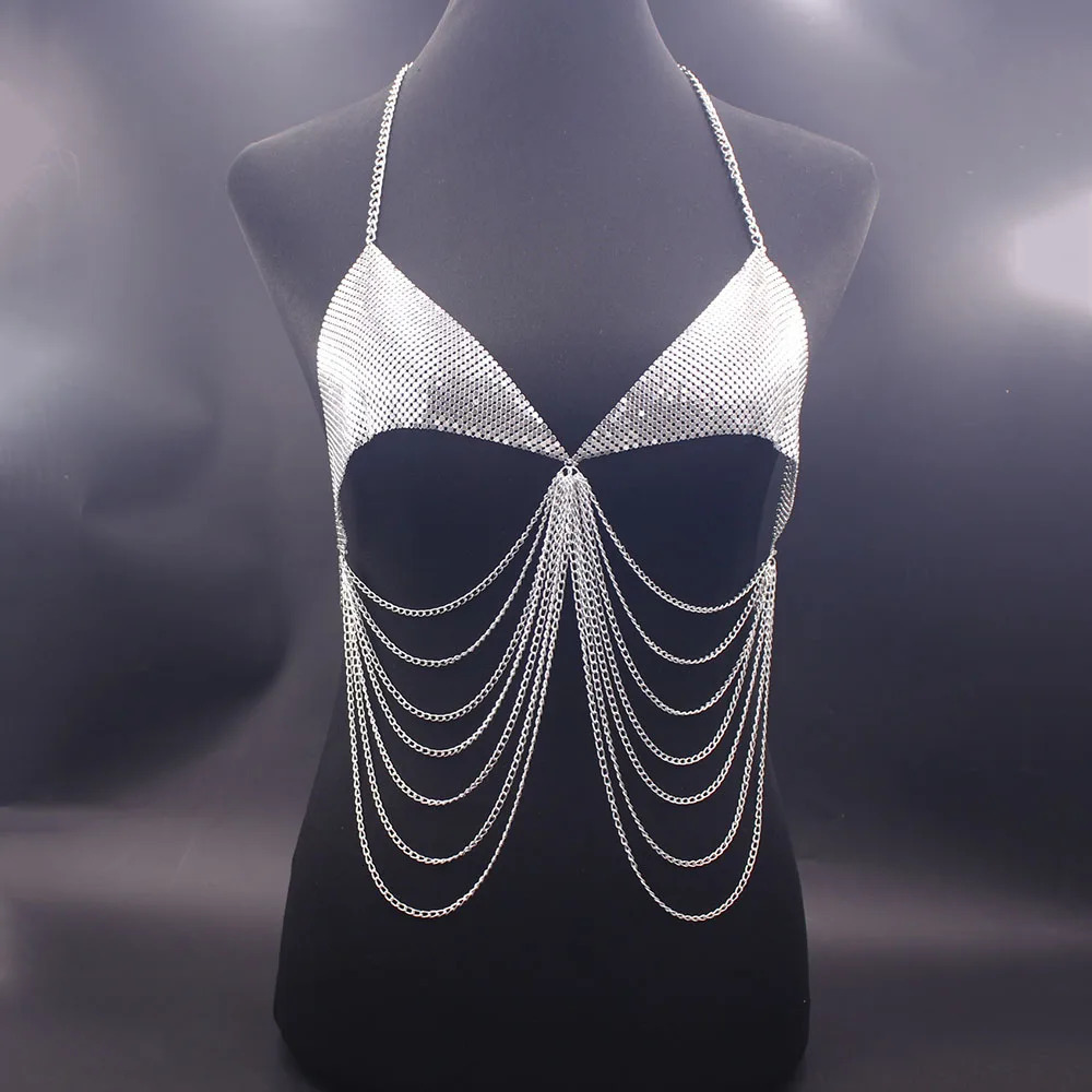 Metal Shiny Bra Tassel Women Body Chain Good Quality Gold Silver Color Underwear Nightclub Jewelry 241028