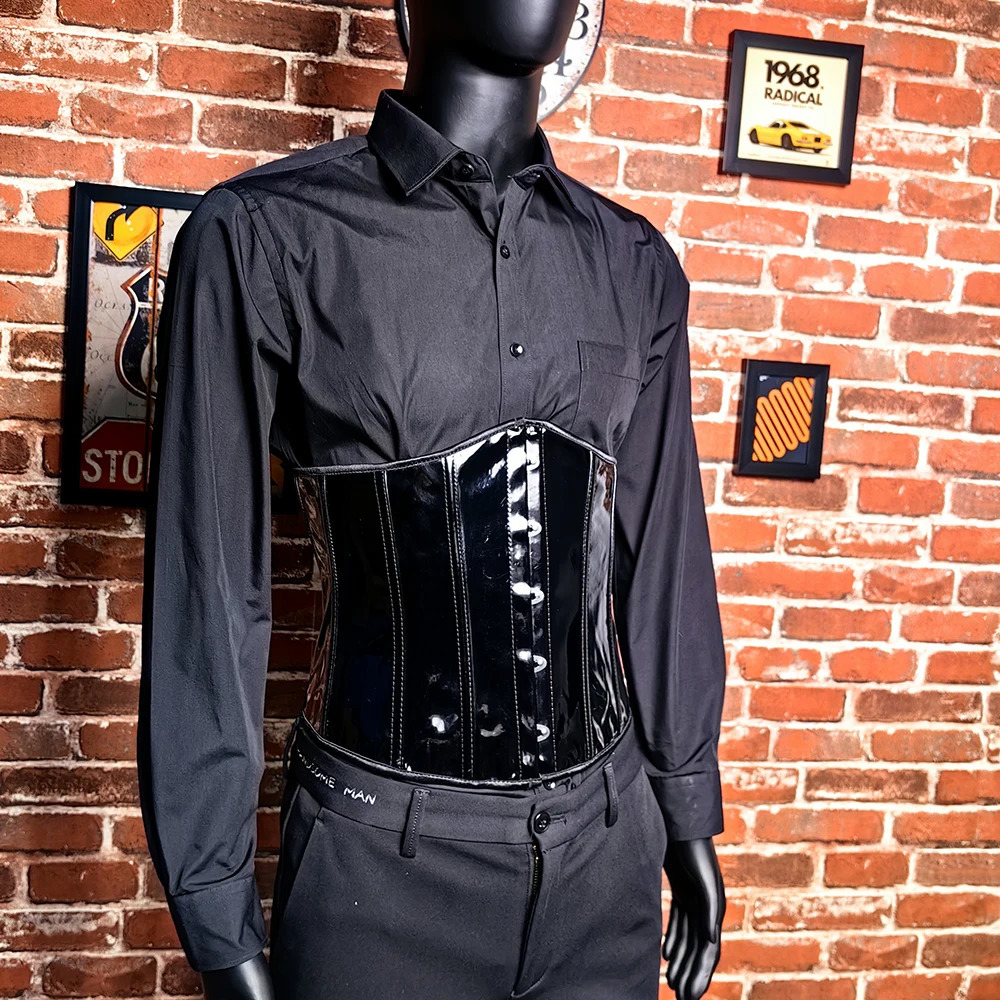 Mens tight corset tight top waist trainer abdominal control lace upper bone retro shiny PU leather body shaping 241029