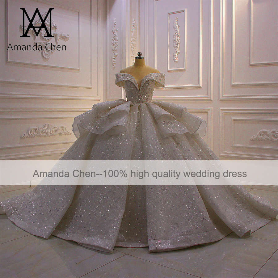 Robe Mariage Femme Off Shoulder Pleat Folds Glitter Shiny Wedding Dress 0227Lz