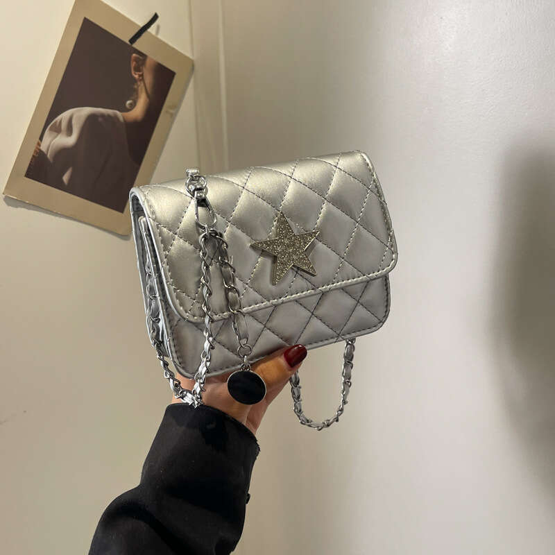 Embroidery thread PU small square 2024 new fashionable women's texture five-star chain shoulder trendy versatile crossbody bag