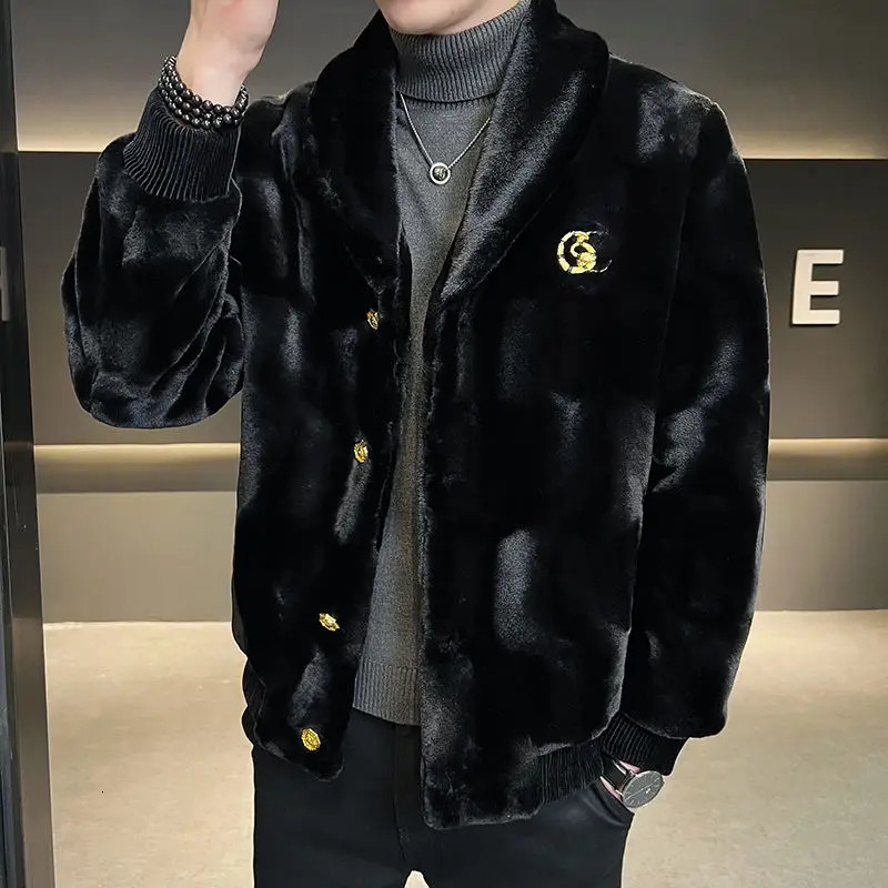 Winter mens high-quality faux fur coat mens mink ultra-thin V-neck fashionable coat casual plus size solid color warm coat 241028