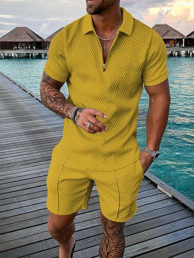 2023 New Summer Mens Shorts Set Short Sleeve Zip Polo Shirt Street T-shirt Two Piece Casual SportswearX241028