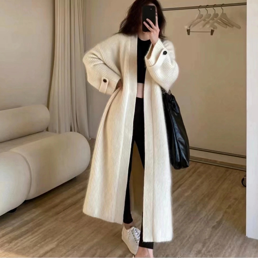 Long Sleeve Knit Sweater Cardigan Loose Long Coat Autumn Winter Women Clothing Casual High Street Vintage Simple Oversize Thick 241028