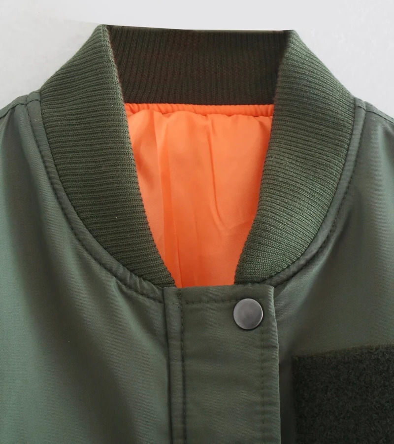 Women Contrast Pockets And Sleeves Bomber Jacket Padded In Khaki Green 241028