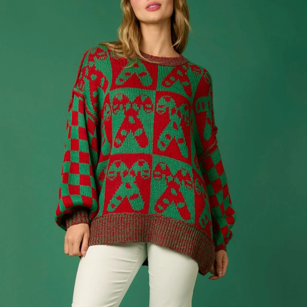 Combhasaki Womens HalloweenChristmas Round Neck Long Sleeve Sweaters Aesthetic Gingerbread Man Print Knit Loose Pullovers Tops 241028