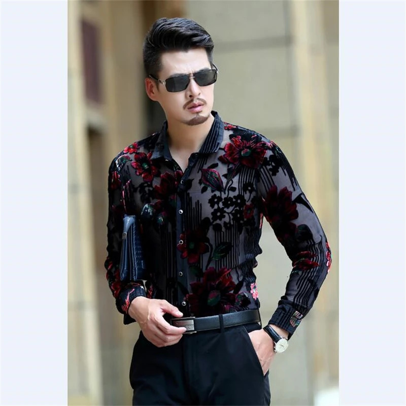 Exquisite floral silk dress mens long sleeved fashionable casual summer high-quality velvet transparent easy to care silk chemical men 241028