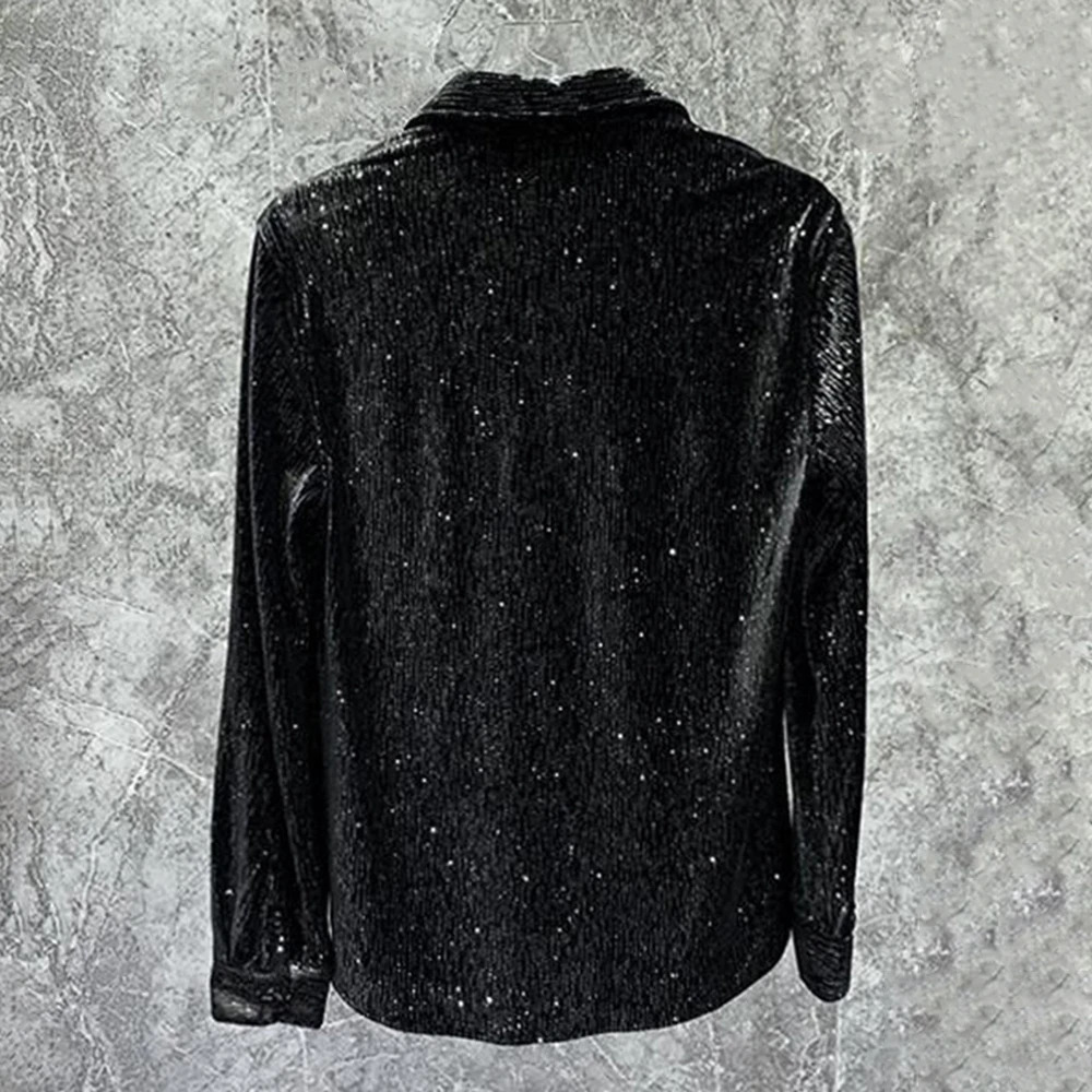 Mens gold velvet shiny long sleeved casual shirt autumn unisex fashion youth personality slim nightclub performance top-level unisex style 241028