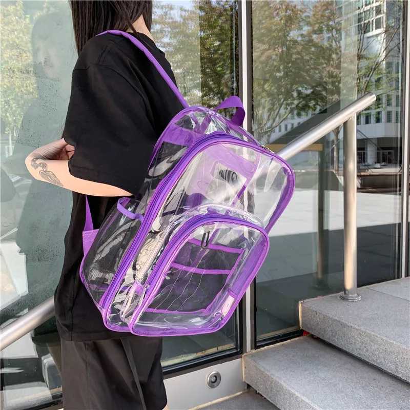 CMM Three Piece Set Women Backpacks Unisex Transparent Backpack Female Student School Waterproof Pvc Clear Book Bag Purple 241029
