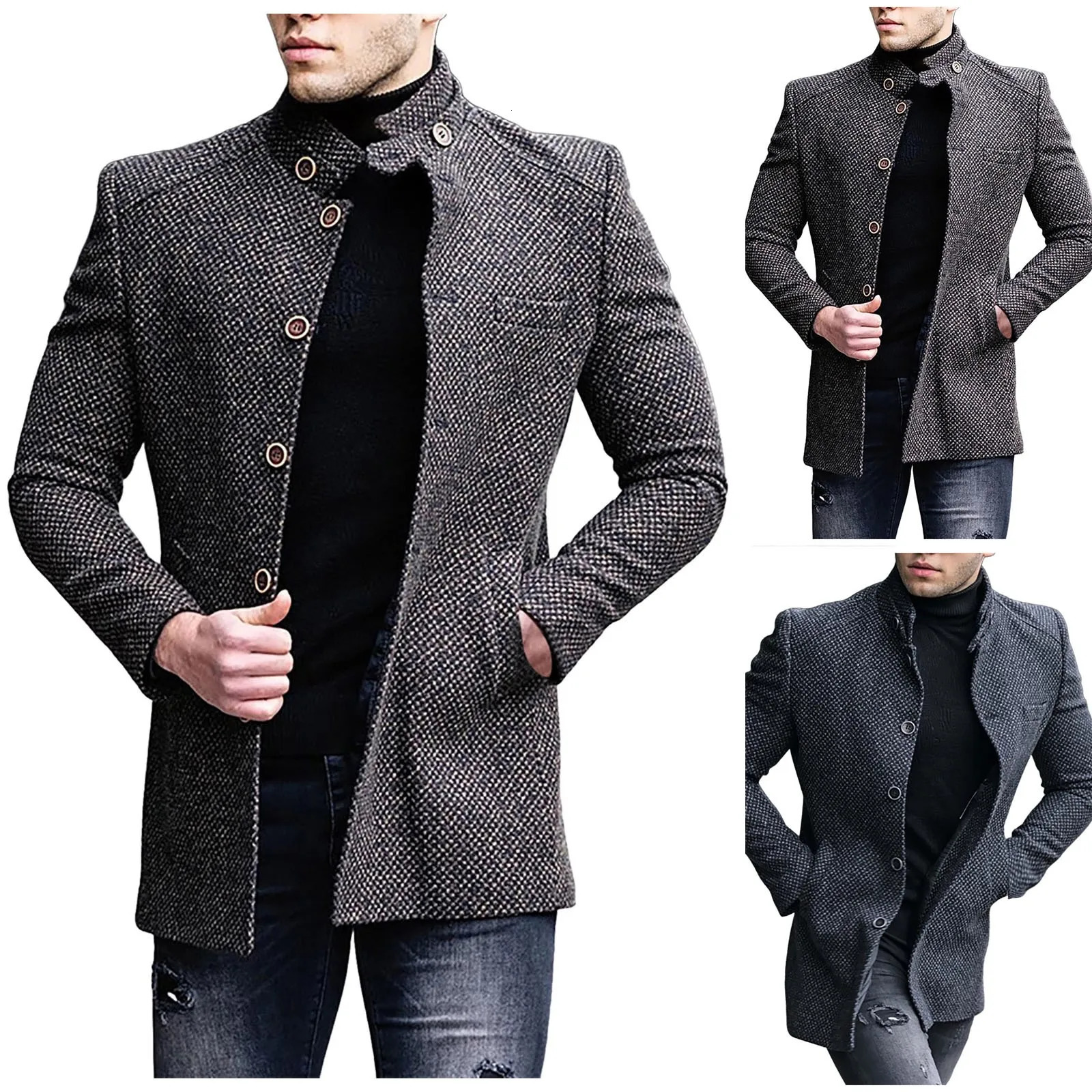 Autumn and winter vintage printed wool coat mens casual single chest lapel long sleeved coat mens fashionable loose pocket mid length jacket 241024
