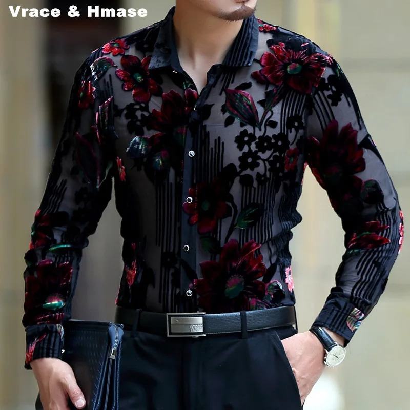 Exquisite floral silk dress mens long sleeved fashionable casual summer high-quality velvet transparent easy to care silk chemical men 241028