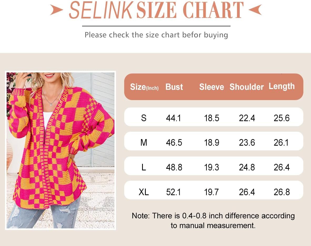 Women's cardigan sweater retro front placket mixed with checkered pattern coarse knitted checkered long sleeved daily jacket