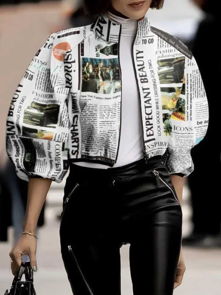 Women's Jackets Yzzi loose Puff Slves letter printed vertical collar jacket for spring and autumn fashion choosing tight fitting womens clothing 