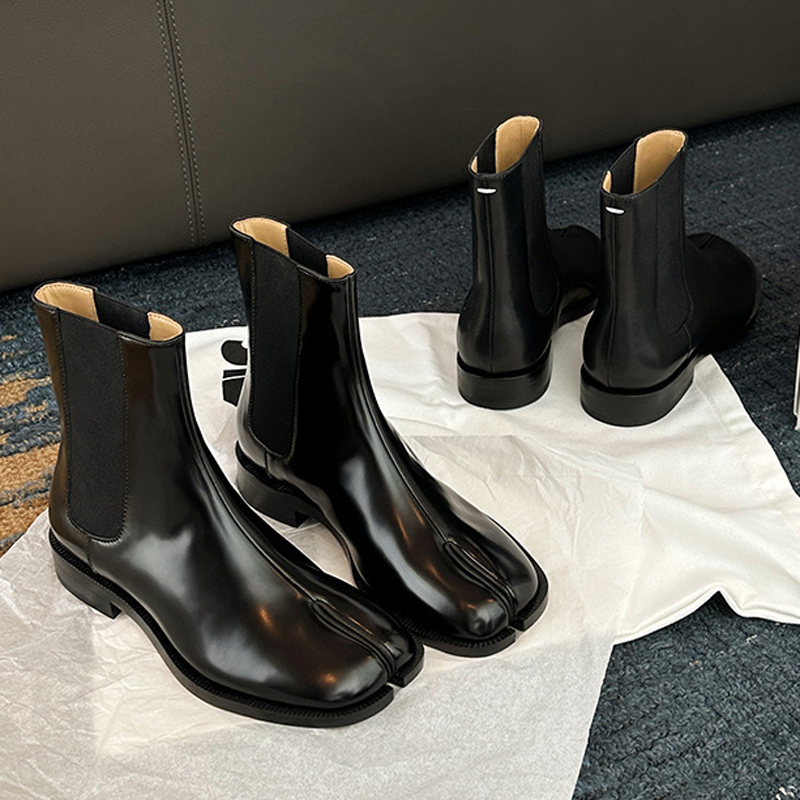 2023 Stretch Slip On Boots Woman Split Toe Low Heels Ankle Botas Feminina Tabi Shoes Winter Patent/Matte Leather Botines