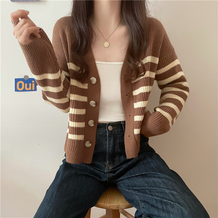 Korean Version Short Sweater Jacket Women S Autumn And Winter New College Style Ins Trendy Shoulder V Neck Contrasting Striped Knitted Cardigan F1029#
