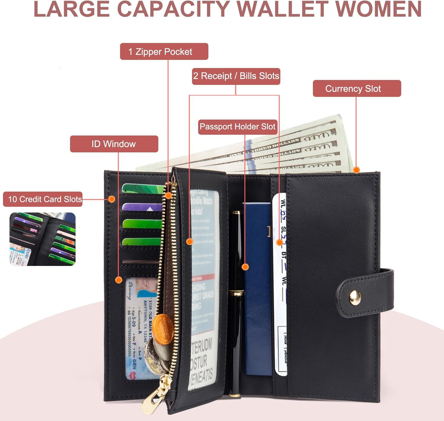 Yiijay Shielded Artificial Leather Triple Fold Handbag Credit Card Bag Women's Travel with Pen Bag, 1 Black, RFID Wallet