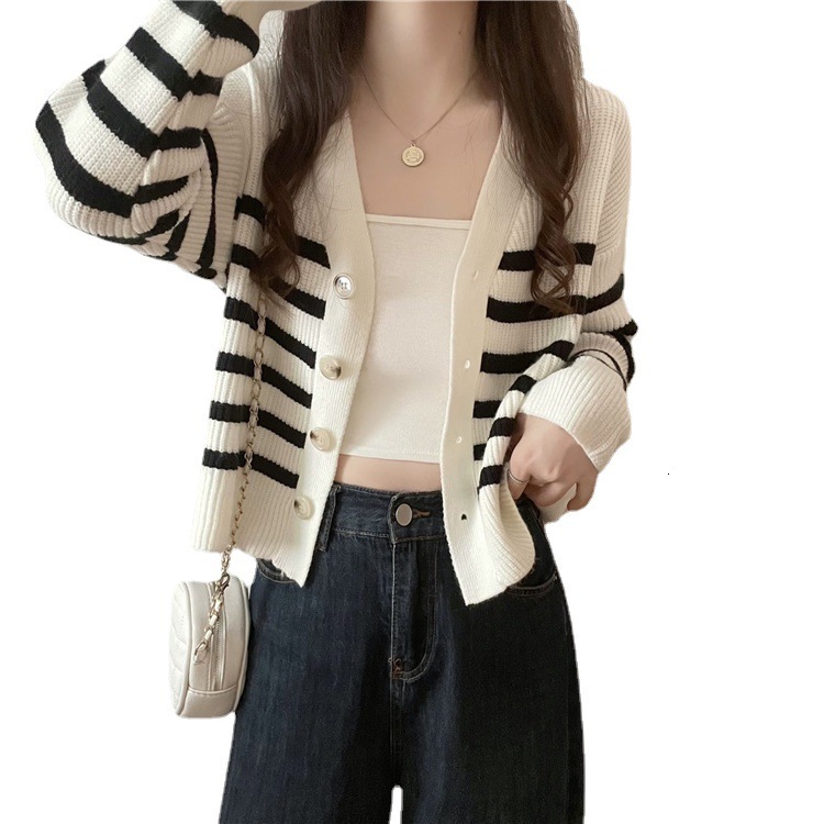 Korean Version Short Sweater Jacket Women S Autumn And Winter New College Style Ins Trendy Shoulder V Neck Contrasting Striped Knitted Cardigan F1029#