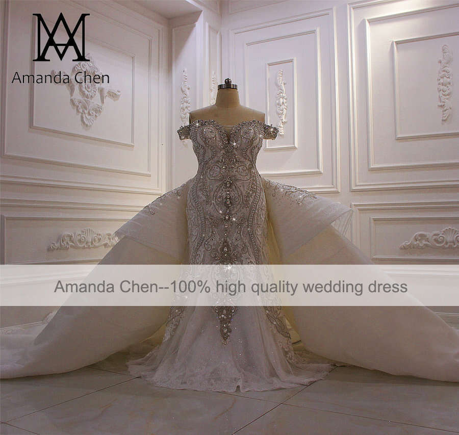 robe mariage femme Off Shoulder Heavy Beading Rhie Removable Train Wedding dress