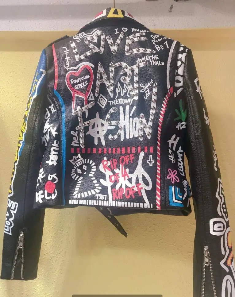 Rivet bead PU leather jacket womens graffiti colored printed bicycle jacket and Coats PUNK streetwear jacket 241028