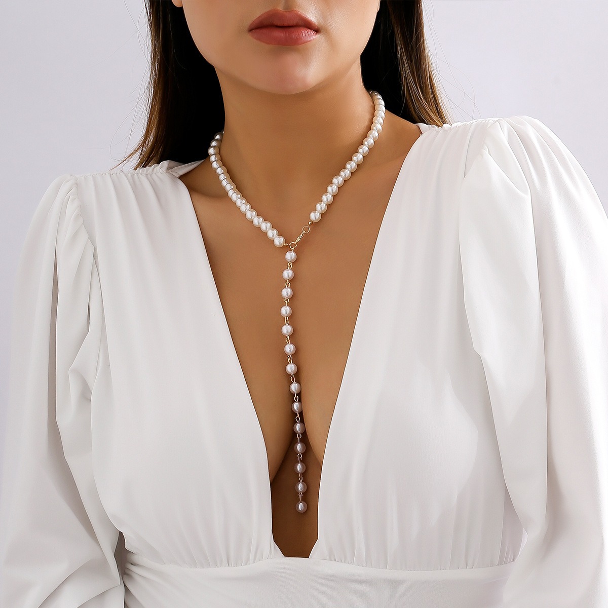 Cross Border European and American French Retro Y-shaped Bead Necklace with Temperament Long Imitation Pearl Tassel Necklace Women's Accessory